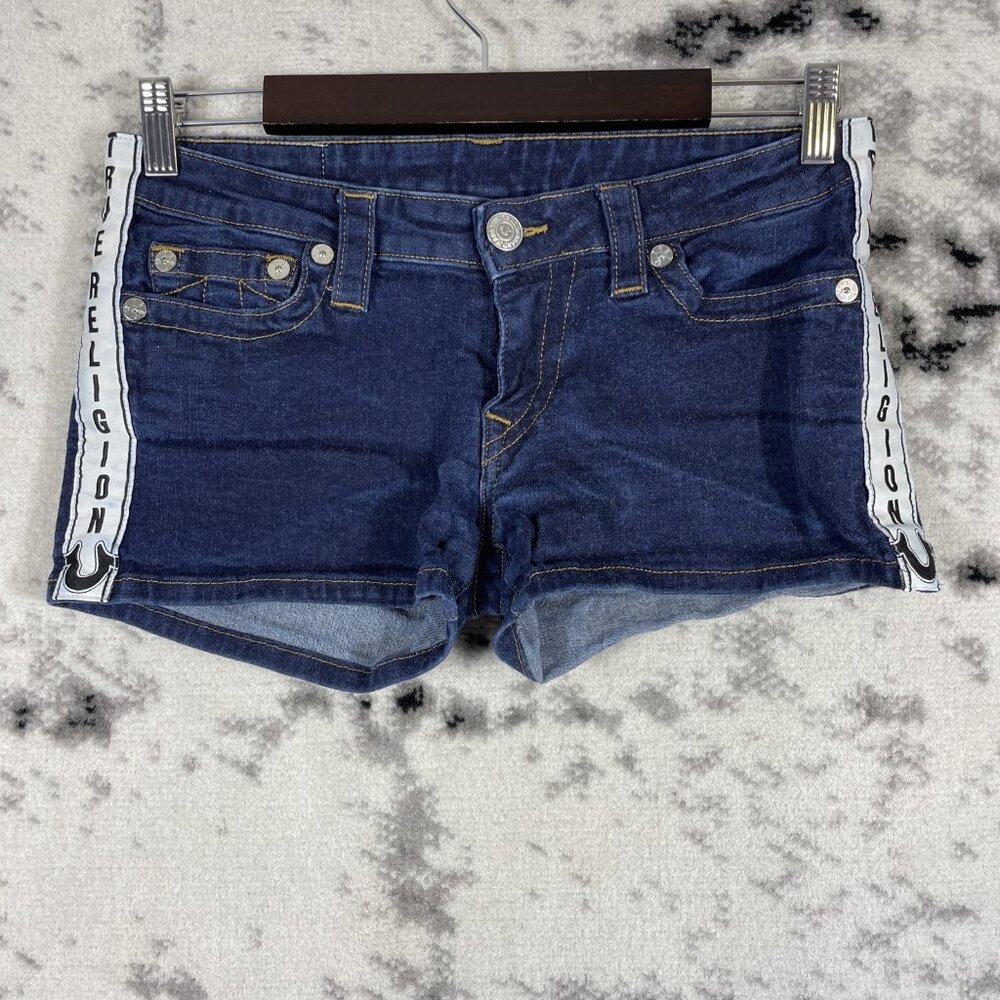 True Religion Joey Shorts Womens Size 27 Dark Wash Side Stripe Cut Off